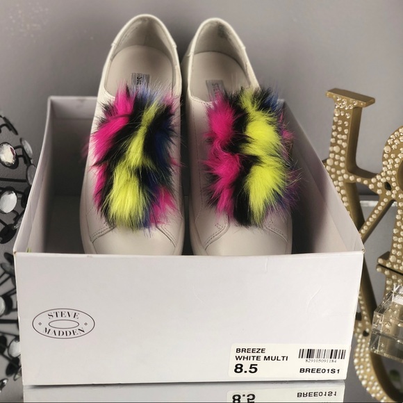 Steve Madden White Multicolor Fur Ball Sneakers - Picture 8 of 8